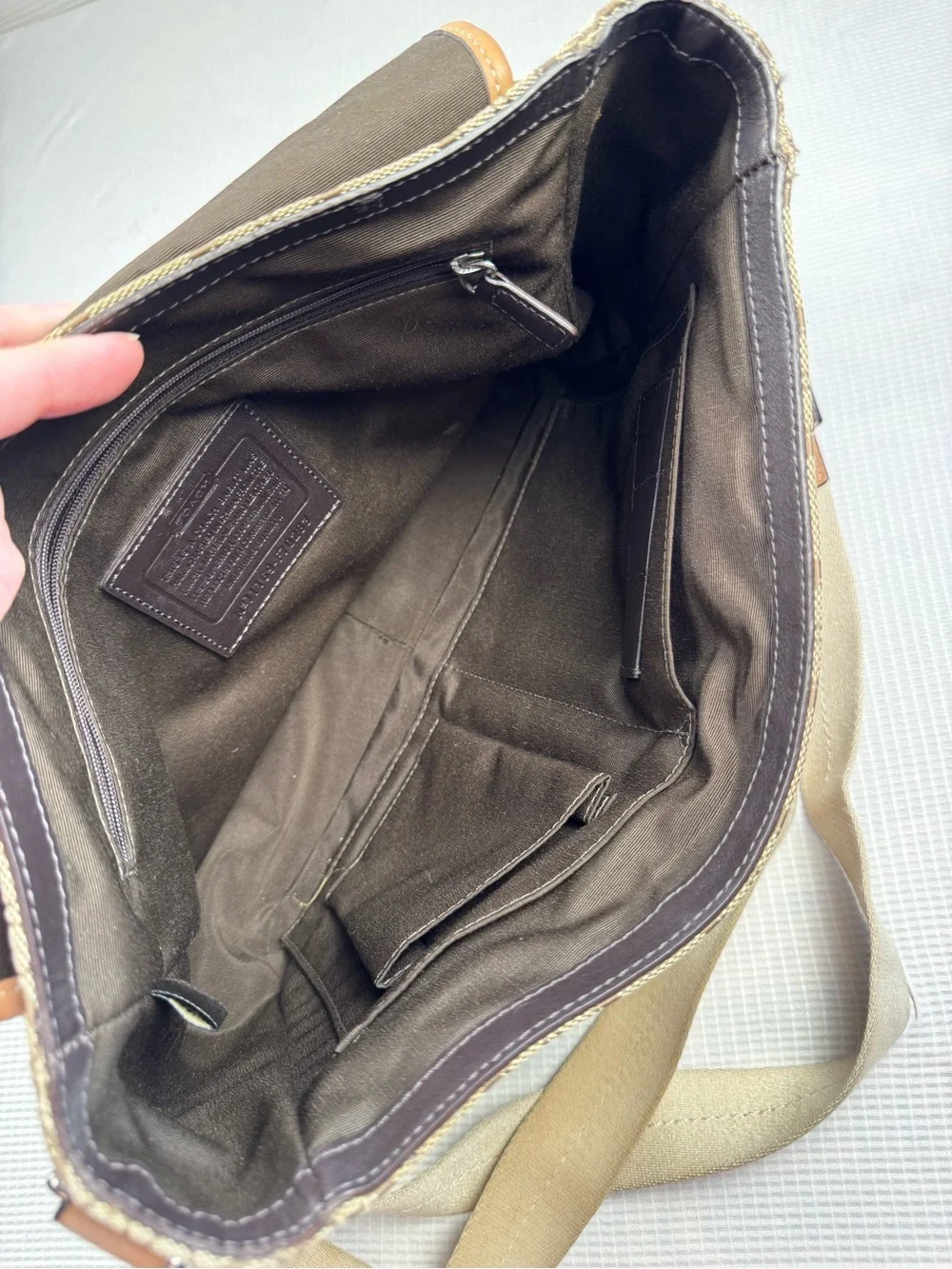 Coach Tan Signature Canvas Messenger Bag with Brown Leather Trim